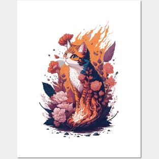 Cat in fire and flowers Posters and Art